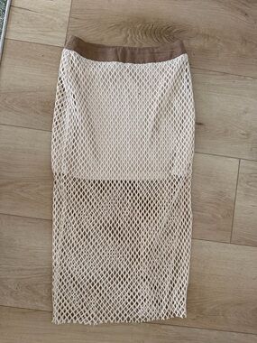 Neutral Mesh Midi Skirt with Tan Waistband